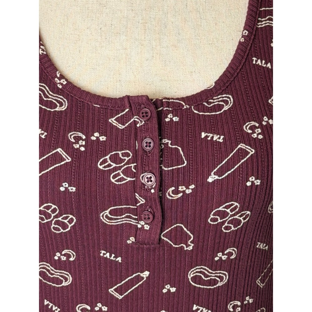 Tala Sleepwear Henley Women Small Port Burgundy Ribbed Lettuce Hem Pajama Top - Picture 8 of 10